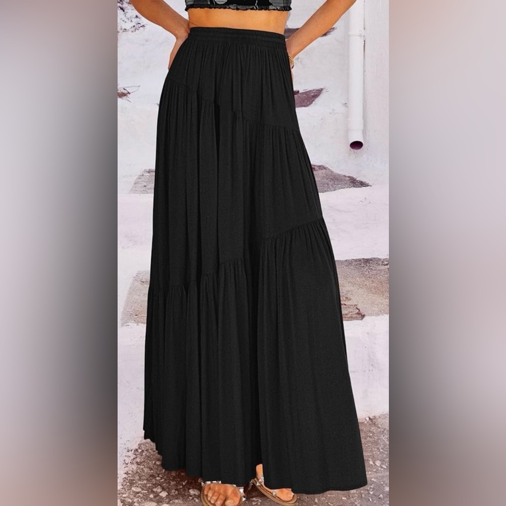 Chic Boho Elastic High waist pleated A-Line Flowy Swing Skirt with pockets